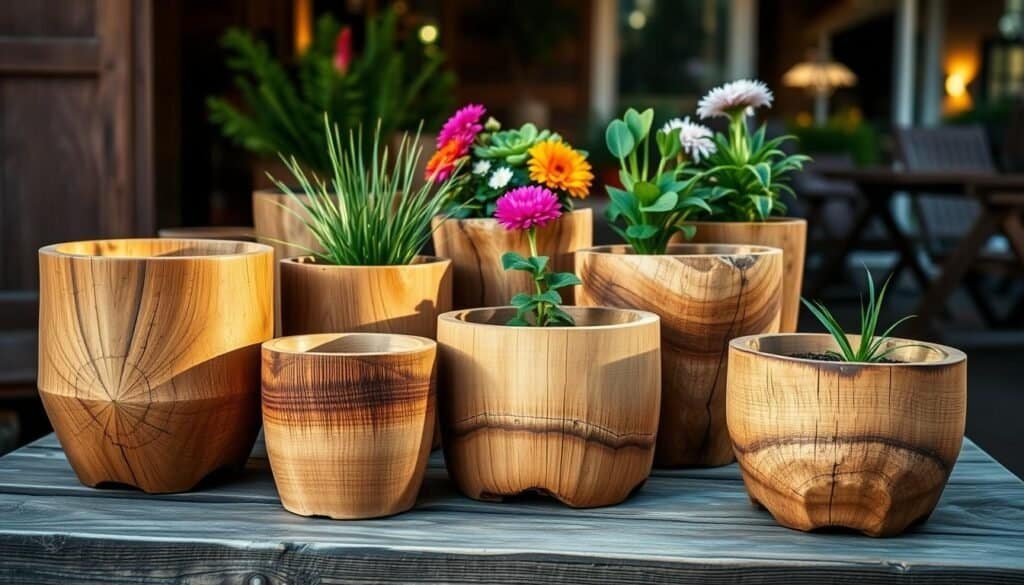 A rustic collection of handcrafted wooden planters, adorned with natural textures and grain patterns, standing proudly on a weathered wooden surface. Warm, diffused lighting filters through the scene, casting soft shadows and highlighting the organic beauty of the wood. In the foreground, a variety of planter shapes and sizes, each with a distinct character, invite the viewer to imagine lush greenery and vibrant blooms within. The middle ground features a well-curated arrangement, balanced in its composition, while the background suggests a cozy, inviting outdoor setting, hinting at the power of these wooden planters to enhance any living space.
