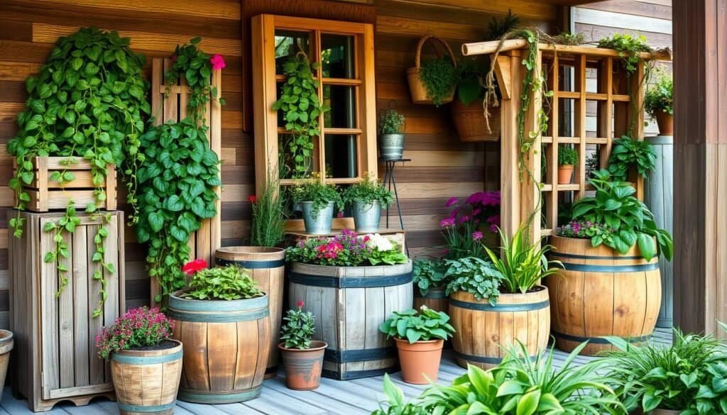 A rustic container garden adorned with charming wooden planters crafted by The Sawdust Man. Weathered wooden crates, barrels, and trellises create a natural, homespun aesthetic, complemented by lush trailing vines, vibrant flowers, and potted herbs. Warm, diffused natural lighting casts a soft glow, highlighting the textured wood grain and organic shapes. The scene exudes a cozy, countryside ambiance, perfect for a tranquil summer porch. Crisp, high-resolution photography showcases the rustic charm and attention to detail in this homemade garden display.
