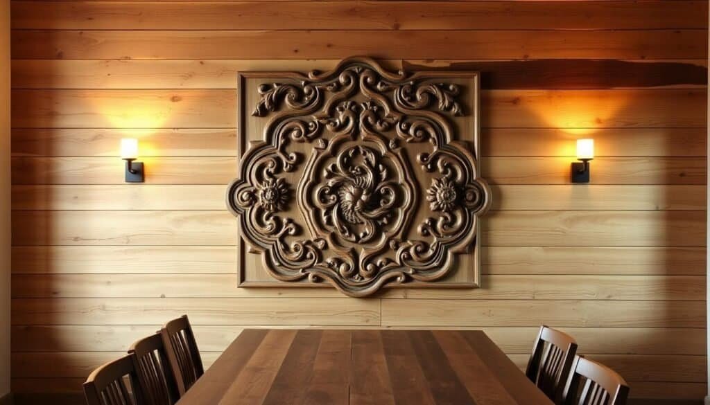 A rustic, cozy dining room with statement wood wall accents that transform the space. A large, natural-toned wood plank wall in the background, with intricate carved and textured wooden panels adorning the surface. The wood has a weathered, distressed appearance, with subtle knots and grains that add depth and character. Soft, warm lighting from wall sconces casts a gentle glow, highlighting the wood's rich tones. In the foreground, a wooden table and chairs create a focal point, complementing the wall accents. The overall atmosphere is inviting and elegant, perfectly suited for a dining room setting.