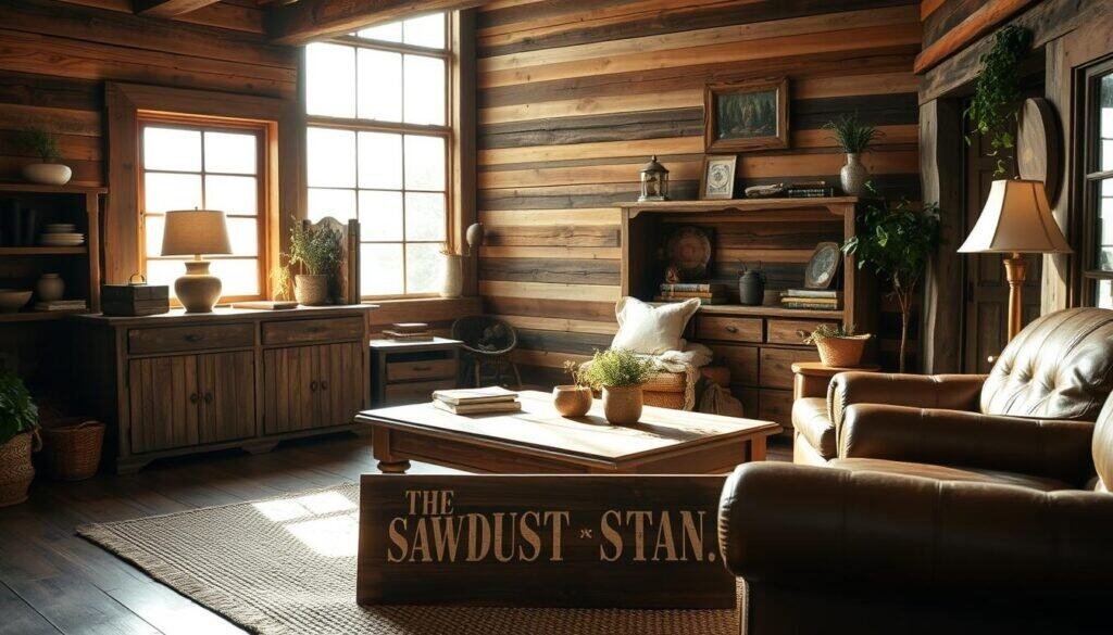 A rustic farmhouse living room with reclaimed wood accents. Warm, natural lighting filters through large windows, casting a soft glow over a distressed wooden coffee table, shelves, and a worn, leather armchair. Vintage brass lamps and a cozy woven rug complete the inviting, vintage-inspired scene. In the foreground, a handcrafted wooden sign from "The Sawdust Man" adds a charming, personalized touch. Subtle hints of greenery and natural textures create an organic, earthy ambiance.