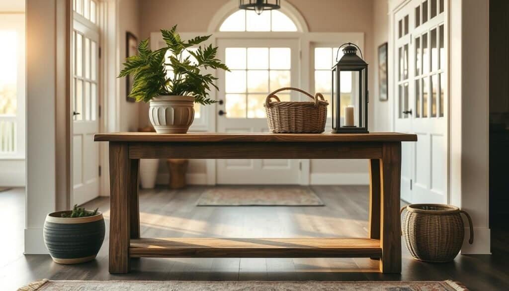 A rustic farmhouse-style entryway table, its weathered wood surface adorned with a lush green plant in a ceramic pot, a woven basket, and a pair of vintage lanterns casting a warm glow. The table stands in a spacious, sun-drenched foyer, its natural textures and muted colors creating a cozy, inviting atmosphere. The lighting is soft and diffused, with hints of golden hour illumination filtering through large windows. The composition emphasizes the table's central role as a focal point, drawing the eye inward and setting the stage for a welcoming, nostalgic entrance.