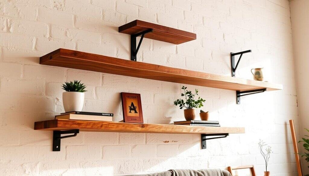 A rustic floating shelf assembly in a warm, cozy home setting. Distressed natural wood planks suspended by sturdy metal brackets against a textured white wall. Soft, diffused lighting casts gentle shadows, highlighting the wood's grain and imperfections. The shelves display a curated collection of vintage-inspired décor - a potted plant, a stack of books, and a few small keepsakes. An inviting, artisanal atmosphere that evokes a sense of homely charm.