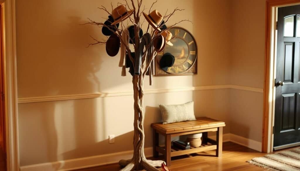 A rustic, freestanding wooden coat tree stands in the cozy entryway, its sturdy branches adorned with an array of hats, scarves, and outerwear. Warm lighting casts a soft glow, highlighting the natural grain and polished finish of the wood. The piece is thoughtfully positioned near a decorative bench, creating an inviting and organized space to welcome guests. The overall scene exudes a sense of warmth, comfort, and attention to detail, perfectly complementing the wood-centric decor of the entryway.