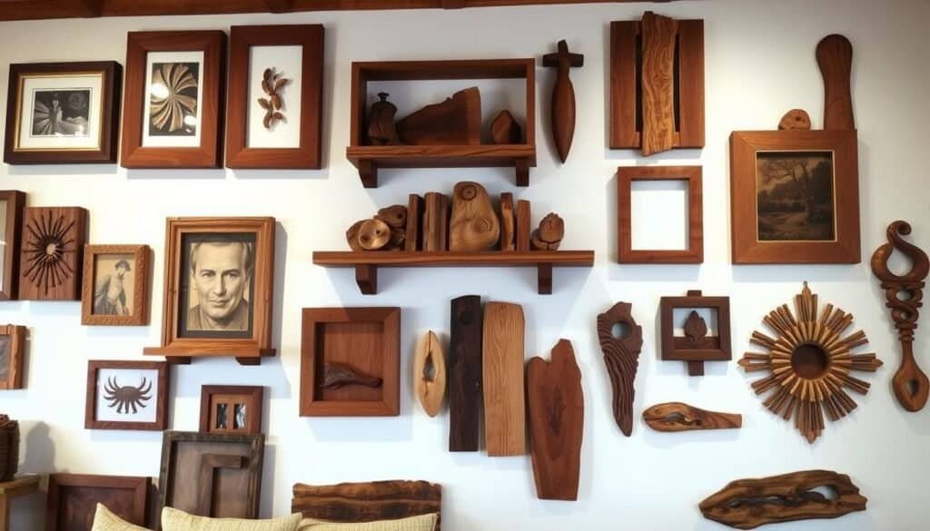 A rustic gallery wall of artfully arranged wooden wall decor, crafted by "The Sawdust Man". Warm-toned wooden frames in various shapes and sizes, complemented by organic, textural pieces like carved wooden sculptures and natural fiber wall hangings. Soft, indirect lighting casts a cozy glow, highlighting the rich grain and character of the wood. The arrangement is thoughtfully composed, creating visual interest and balance. In the foreground, a mix of framed artwork, wooden shelves, and sculptural elements. In the middle ground, a harmonious cluster of different wooden pieces. The background features a clean, white wall that allows the natural beauty of the wood to take center stage.