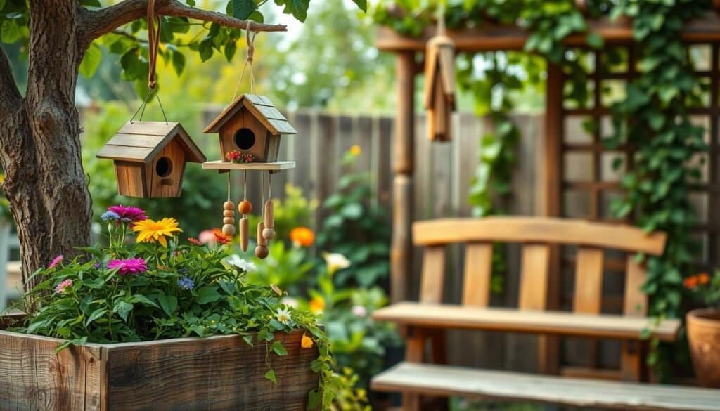 A rustic garden oasis, adorned with upcycled wood accents. In the foreground, a weathered wooden planter box overflows with lush greenery and vibrant flowers. Suspended from a sturdy branch, a handcrafted birdhouse crafted from reclaimed wood welcomes feathered visitors. Beside it, a wind chime made from repurposed wooden dowels and beads gently sways in the breeze. In the middle ground, a wooden bench, its surface textured with the grain of the salvaged timber, invites guests to pause and admire the verdant surroundings. Beyond, a wooden trellis supports a climbing vine, its natural form complementing the organic, earthy aesthetic. Warm, diffused lighting illuminates the scene, casting a soft, golden glow and accentuating the beautiful imperfections of the upcycled materials.