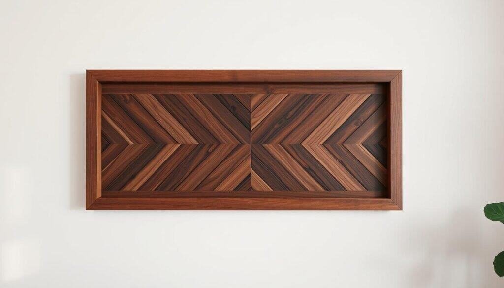 A rustic, hand-crafted wooden frame seamlessly integrated into a modern white wall. The frame features a intricate geometric pattern, with alternating dark and light wood grains creating a mesmerizing visual texture. Warm, directional lighting casts gentle shadows, accentuating the depth and dimensionality of the design. The frame is flush-mounted, creating a cohesive, minimalist look that blends effortlessly with the surrounding décor. The overall aesthetic is one of sophistication and understated elegance, perfect for a contemporary living space or home office.