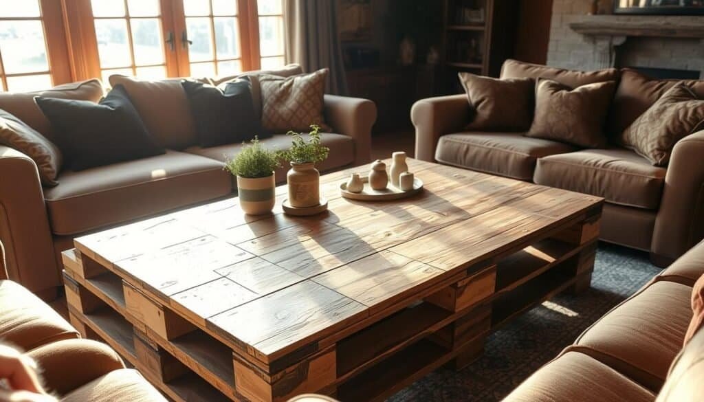 A rustic, handcrafted DIY pallet coffee table sits in a cozy, well-lit living room. Warm sunlight filters through a large window, casting a natural glow on the distressed wood surface. Detailed textures of the repurposed wooden planks are visible, each one unique. The table is surrounded by plush, earthy-toned furniture, creating a inviting, homey atmosphere. A potted plant and decorative accents adorn the tabletop, complementing the organic, sustainable aesthetic. This charming, one-of-a-kind pallet furniture piece is the centerpiece of the relaxing, rustic-inspired space.