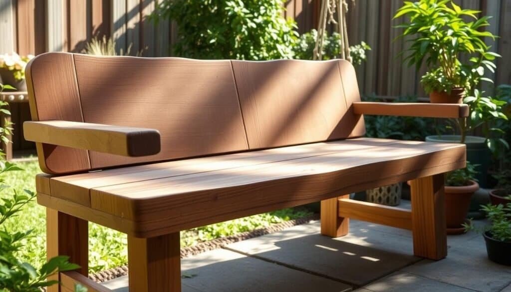 A rustic, handcrafted DIY wood bench from The Sawdust Man. Weathered oak boards, smooth rounded edges, and a sturdy slatted seat. A mid-century modern design with a natural, organic feel. The bench is placed in a sun-dappled backyard, surrounded by lush greenery and potted plants. Warm, soft lighting illuminates the scene, creating a cozy and inviting atmosphere. The camera angle is slightly elevated, showcasing the bench's detailed craftsmanship and the serene outdoor setting.