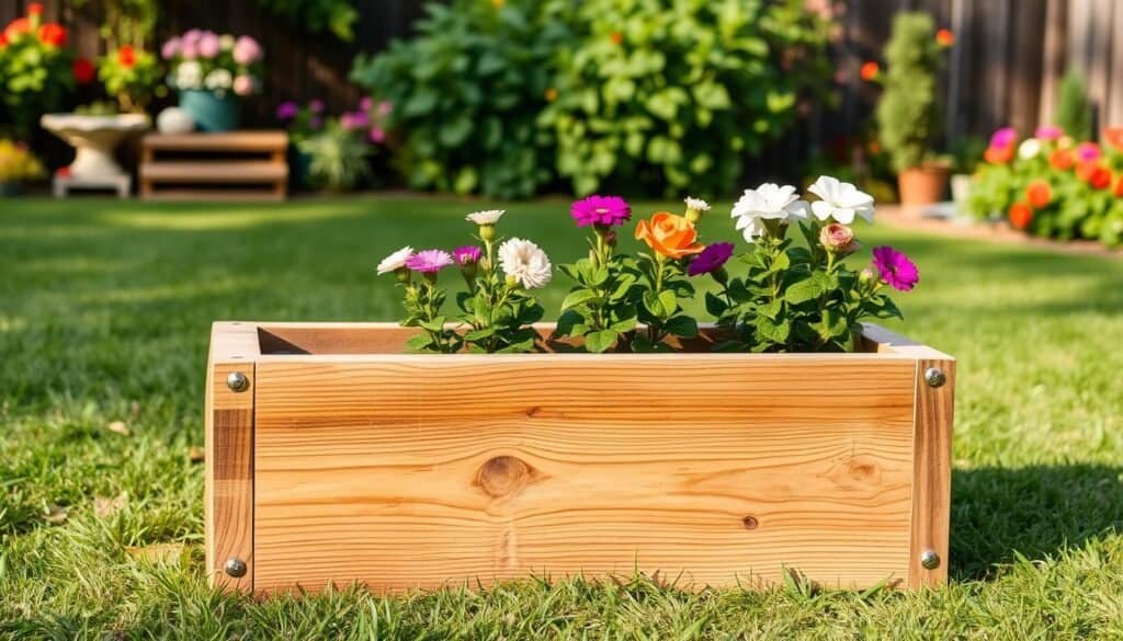 A rustic, handcrafted DIY wood flower planter in a tranquil backyard setting. The planter is made of rough-sawn natural wood planks, with a simple yet elegant design. It sits on a grassy lawn, surrounded by lush greenery and vibrant blooms. Warm natural lighting casts a soft glow, highlighting the wood's texture and grain. The planter is positioned to showcase its charming appearance, inviting the viewer to imagine it as a serene garden accent piece.