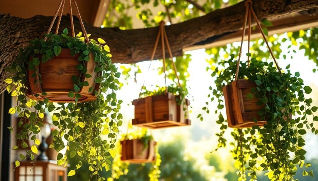 A rustic, handcrafted arrangement of wooden hanging planters, suspended from a sturdy tree branch or porch overhang. The planters are fashioned from natural wood, with intricate details and a weathered, distressed finish. Lush, cascading greenery spills over the edges, creating a cozy, inviting atmosphere. Warm, natural lighting filters through the leaves, casting a soft glow on the scene. The planters are positioned at varied heights, adding depth and visual interest. The overall composition evokes a sense of organic charm and homespun elegance, perfectly suited for an inviting outdoor living space.