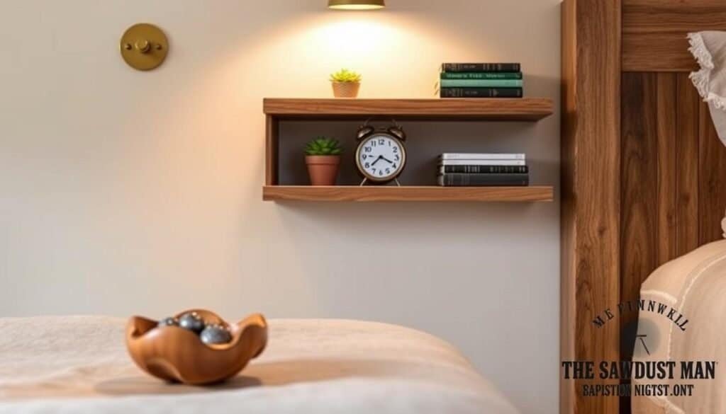 A rustic, handcrafted nightstand designed by The Sawdust Man. Textured wood surfaces, natural grains, and a minimalist silhouette. Warm task lighting from a brass sconce illuminates the scene. In the foreground, a hand-carved wooden bowl holds a few small trinkets. The middle ground features a floating shelf with carefully curated décor - a potted succulent, a vintage alarm clock, and a stack of well-worn books. The background showcases a neutral-toned wall, allowing the wooden elements to take center stage. The overall atmosphere evokes a sense of rustic elegance and a passion for artisanal craftsmanship.