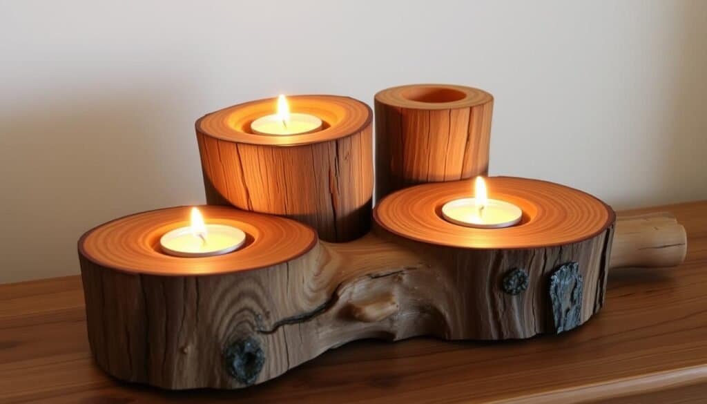 A rustic, handcrafted pair of log candle holders, their natural, knotty textures illuminated by the warm glow of flickering flames. Smooth, cylindrical shapes carved from solid, weathered oak trunks sit atop a wooden surface, their simple, unfinished beauty complementing the cozy, earthy ambiance. Soft, diffused lighting casts gentle shadows, highlighting the organic grain patterns and subtle imperfections that lend each piece its unique character. The candle holders are arranged in a natural, inviting composition, evoking a sense of rustic charm and homespun craftsmanship perfect for a cozy, relaxing atmosphere.