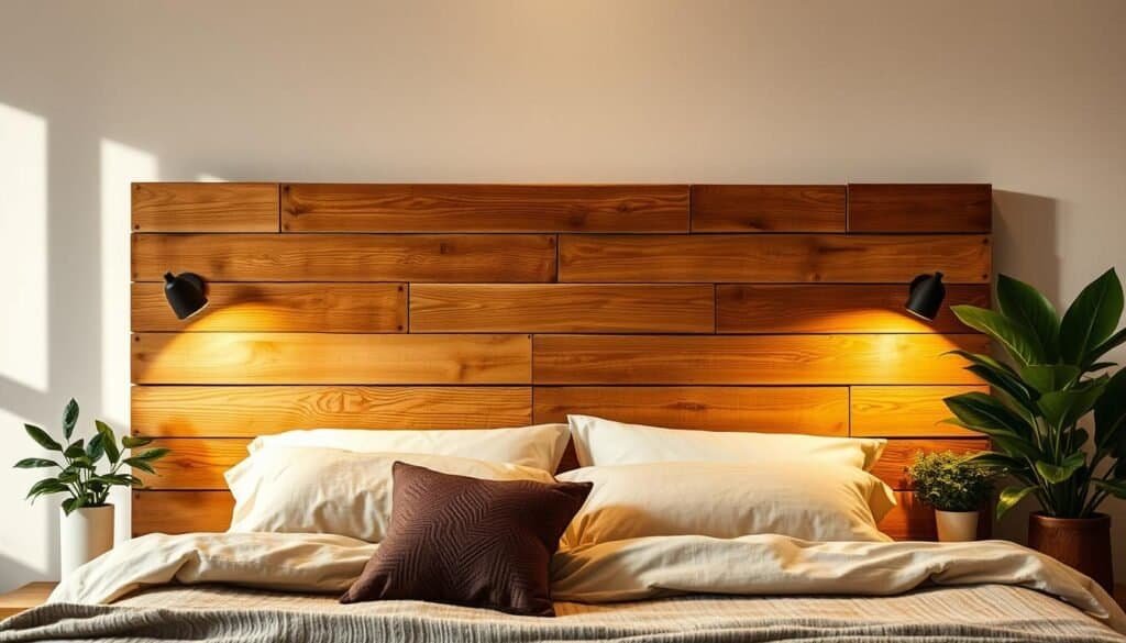 A rustic, handcrafted pallet headboard taking center stage in a cozy, warmly-lit bedroom. Roughly sanded wooden planks in earthy tones, each board bearing the character of its wood grain, assembled into a simple yet striking design. Soft, diffused lighting casts gentle shadows, highlighting the natural textures and imperfections of the reclaimed material. The headboard is positioned against a backdrop of neutral-toned walls, allowing the captivating, rustic charm of the piece to shine. Lush, verdant plants and natural decor accents add a touch of organic elegance, creating an inviting, homely atmosphere. A rustic, handcrafted pallet headboard taking center stage in a cozy, warmly-lit bedroom. Roughly sanded wooden planks in earthy tones, each board bearing the character of its wood grain, assembled into a simple yet striking design. Soft, diffused lighting casts gentle shadows, highlighting the natural textures and imperfections of the reclaimed material. The headboard is positioned against a backdrop of neutral-toned walls, allowing the captivating, rustic charm of the piece to shine. Lush, verdant plants and natural decor accents add a touch of organic elegance, creating an inviting, homely atmosphere.