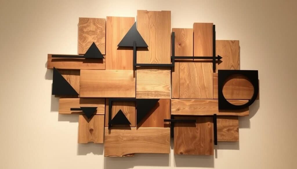 A rustic, handcrafted wall art display featuring a mix of natural wood and sleek metal elements. In the foreground, several rectangular wooden panels are arranged in an asymmetric grid, their surfaces weathered and textured. Interspersed among them are geometric metal shapes - triangles, rectangles, and curves - in a matte black finish that creates a striking contrast. The lighting is soft and diffused, highlighting the depth and grain of the wood and the matte sheen of the metal. In the background, a neutral-colored wall provides a clean, minimalist backdrop to showcase the artful composition. This piece, titled "The Sawdust Man", embodies a blend of industrial and organic aesthetics, perfectly suited for a modern, nature-inspired interior.