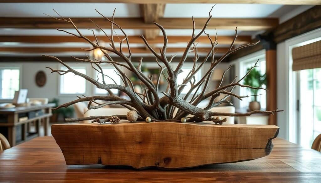 A rustic, handcrafted wood centerpiece from The Sawdust Man. Weathered oak planks, gnarled branches, and natural elements create a warm, earthy focal point. Soft, diffused lighting highlights the texture and grain of the wood. The centerpiece is set against a backdrop of a cozy, inviting dining space with exposed beams and natural accents. The overall mood is one of elevated, yet effortless elegance - a rustic centerpiece that elevates everyday dining.