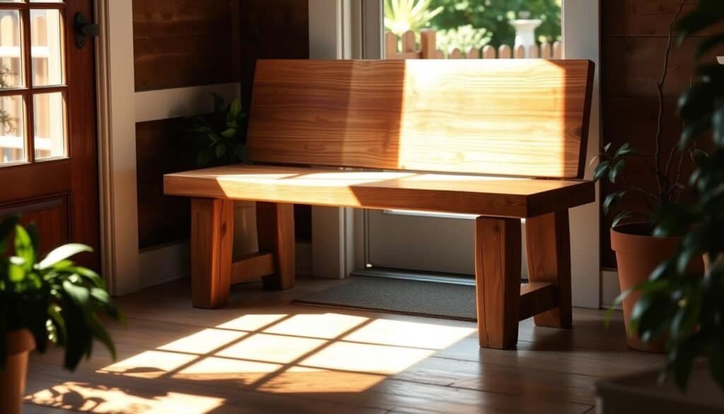 A rustic, handcrafted wooden bench sits in a bright, airy entryway, the natural grain of the wood glowing under soft, warm lighting. The bench, crafted by "The Sawdust Man", features a simple, clean design with a sturdy frame and a smooth, sanded surface, inviting visitors to pause and admire the craftsmanship. The entryway is surrounded by lush greenery, with a potted plant adding a touch of life to the scene. The lighting casts gentle shadows, highlighting the bench's clean lines and the natural beauty of the wood. The overall mood is one of warmth, coziness, and a touch of rustic charm, perfectly complementing the "DIY Wooden Bench for Your Entryway" section of the article.
