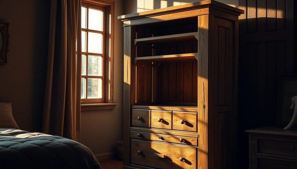 A rustic, handcrafted wooden clothing storage unit stands in a cozy, dimly lit bedroom. Sunlight filters through a nearby window, casting warm, golden hues across the distressed, weathered wood panels. The unit features multiple shelves and drawers, each with intricate, carved detailing that adds to the overall rustic charm. Soft shadows create depth and texture, highlighting the unique grain patterns and natural imperfections of the wood. The scene exudes a sense of warmth, comfort, and timeless elegance, perfectly complementing the rustic, homey atmosphere of the bedroom.