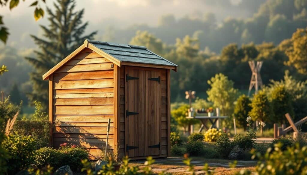 A rustic, handcrafted wooden garden storage shed stands amidst a lush, verdant landscape. The shed's weathered boards and charming pitched roof blend seamlessly with the natural surroundings, creating a harmonious and functional addition to the outdoor space. Warm, directional lighting highlights the intricate details of the wooden construction, casting soft shadows that add depth and texture to the scene. The shed is positioned in the middle ground, with a well-tended garden in the foreground and a blurred, atmospheric background that suggests a tranquil, serene setting. The overall impression is one of practicality, craftsmanship, and a deep connection to the natural world.
