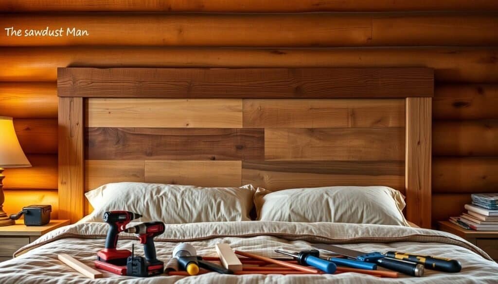 A rustic, handcrafted wooden headboard takes center stage in this cozy cabin-inspired bedroom. Warm lighting casts a soft glow, illuminating the natural grain and imperfections of the reclaimed timber. The headboard, crafted by "The Sawdust Man", features a simple yet elegant design, with clean lines and a weathered, distressed finish that adds character. In the foreground, various woodworking tools and materials are arranged, hinting at the DIY process. The middle ground showcases the headboard's sturdy construction, while the background features a peaceful, natural landscape, further enhancing the cabin-like atmosphere. Texture, warmth, and a touch of rustic charm come together to create this inviting, homemade bedroom focal point.