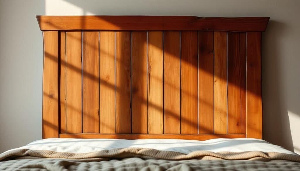 A rustic, handcrafted wooden headboard takes center stage, its natural grain and warm tones exuding a cozy, inviting ambiance. The headboard is positioned against a softly lit, neutral-toned backdrop, allowing its organic beauty to shine. Intricate, artisanal details, such as a subtle distressed finish or gentle curves, add depth and character to the piece. Carefully placed lighting casts gentle shadows, accentuating the headboard's three-dimensional form and creating a soothing, intimate atmosphere. The overall composition conveys a sense of craftsmanship, comfort, and a touch of rustic elegance, perfectly capturing the essence of a DIY wooden headboard that brings warmth and charm to any bedroom. A rustic, handcrafted wooden headboard takes center stage, its natural grain and warm tones exuding a cozy, inviting ambiance. The headboard is positioned against a softly lit, neutral-toned backdrop, allowing its organic beauty to shine. Intricate, artisanal details, such as a subtle distressed finish or gentle curves, add depth and character to the piece. Carefully placed lighting casts gentle shadows, accentuating the headboard's three-dimensional form and creating a soothing, intimate atmosphere. The overall composition conveys a sense of craftsmanship, comfort, and a touch of rustic elegance, perfectly capturing the essence of a DIY wooden headboard that brings warmth and charm to any bedroom.