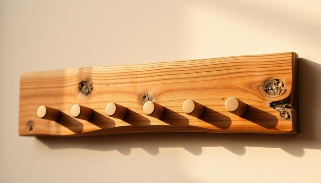 A rustic, handcrafted wooden key holder with a natural, weathered finish. The organizer features several pegs or hooks carefully carved and arranged in a visually appealing, symmetrical pattern. The wood grain is prominent, with subtle knots and variations that add character. Warm, soft lighting casts gentle shadows, highlighting the tactile, artisanal quality of the piece. The key holder is positioned on a plain, neutral-toned background, allowing the craftsmanship to take center stage. The overall composition conveys a sense of simplicity, functionality, and the charming aesthetic of a thoughtfully designed DIY home accessory.