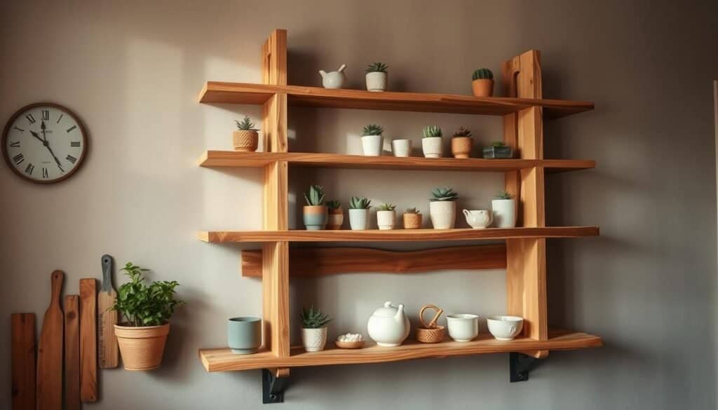 A rustic, handcrafted wooden shelf stands proudly in a cozy kitchen, its natural grain and smooth finish reflecting the soft, warm lighting. Delicate shadows dance across the shelves, hinting at the careful craftsmanship. An array of small potted plants and artisanal ceramics adorn the shelves, creating a harmonious, homely atmosphere. The shelf is positioned against a backdrop of muted, earthy tones, complementing the organic textures. The entire scene exudes a sense of pride, simplicity, and a touch of the creator's personal touch, inviting the viewer to imagine themselves crafting a similar piece for their own cherished space.