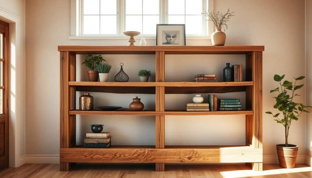A rustic, handcrafted wooden shelf unit stands in a cozy, sun-dappled room. Sturdy, reclaimed wood planks form the shelves, their weathered grain and knots adding character. The unit is positioned against a neutral, textured wall, allowing the natural wood tones to take center stage. Soft, diffused lighting from nearby windows creates a warm, inviting ambiance, highlighting the shelf's simple yet elegant design. The shelves are adorned with a mix of vintage-inspired décor, such as potted plants, antique vases, and weathered books, creating a nostalgic, lived-in feel. The overall scene evokes a sense of rustic charm and timeless practicality, perfectly suiting the article's focus on incorporating rustic wooden accents into modern interiors.