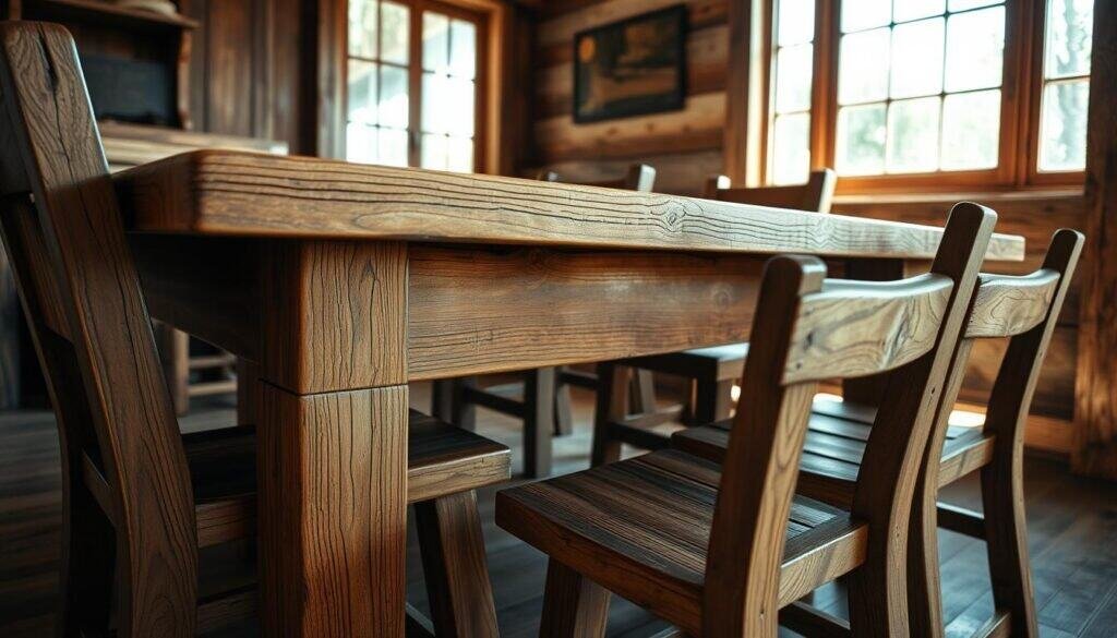 A rustic, handcrafted wooden table and chairs sit in a warm, cozy room. Sunlight streams through large windows, casting a soft glow on the weathered, distressed surfaces. The furniture has a lived-in, vintage aesthetic, with subtle imperfections that add character. Intricate wood grains and subtle knots create a natural, organic feel. The scene evokes a sense of nostalgia and timeless craftsmanship, anchoring the space with a timeless, classic charm. A low-angle shot showcases the furniture's sturdy construction and graceful lines, while emphasizing the room's inviting atmosphere.