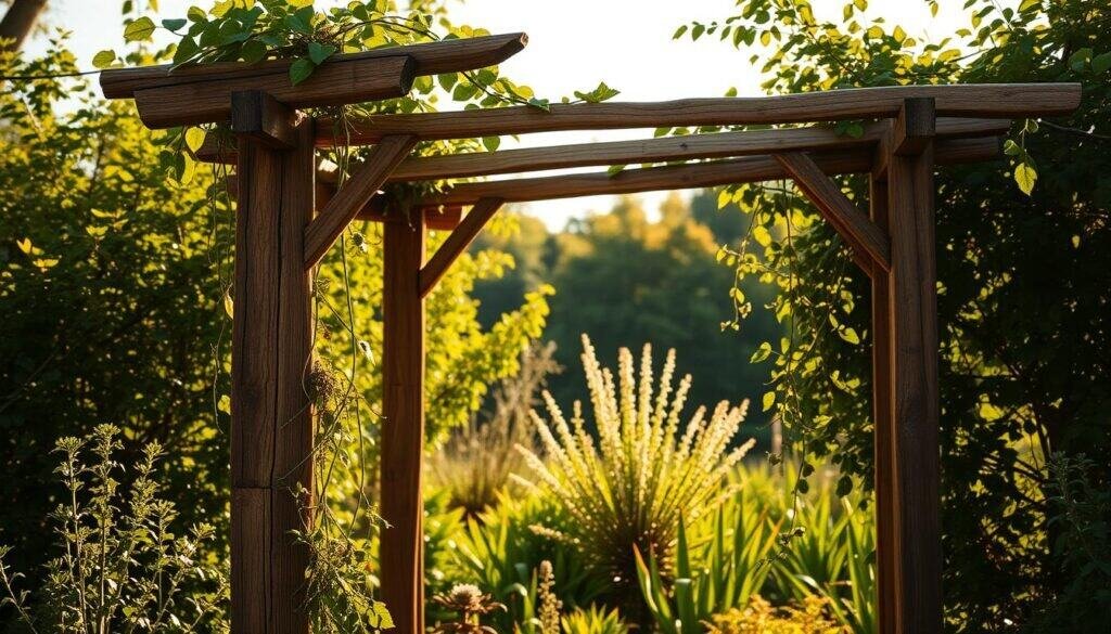 A rustic, handcrafted wooden trellis stands in a lush, verdant garden, its sturdy beams and latticed framework providing a natural support for a variety of climbing vines and plants. The trellis is bathed in warm, golden sunlight, casting soft shadows on the weathered wood. The scene evokes a sense of tranquility and effortless natural beauty, with the trellis seamlessly blending into the organic landscape. The camera angle captures the trellis at a slight diagonal, giving the viewer a sense of depth and emphasizing the intricate details of the craftsmanship. The overall mood is one of rustic charm and simple, elegant design, perfectly suited for showcasing the natural growth and grace of climbing plants. A rustic, handcrafted wooden trellis stands in a lush, verdant garden, its sturdy beams and latticed framework providing a natural support for a variety of climbing vines and plants. The trellis is bathed in warm, golden sunlight, casting soft shadows on the weathered wood. The scene evokes a sense of tranquility and effortless natural beauty, with the trellis seamlessly blending into the organic landscape. The camera angle captures the trellis at a slight diagonal, giving the viewer a sense of depth and emphasizing the intricate details of the craftsmanship. The overall mood is one of rustic charm and simple, elegant design, perfectly suited for showcasing the natural growth and grace of climbing plants.