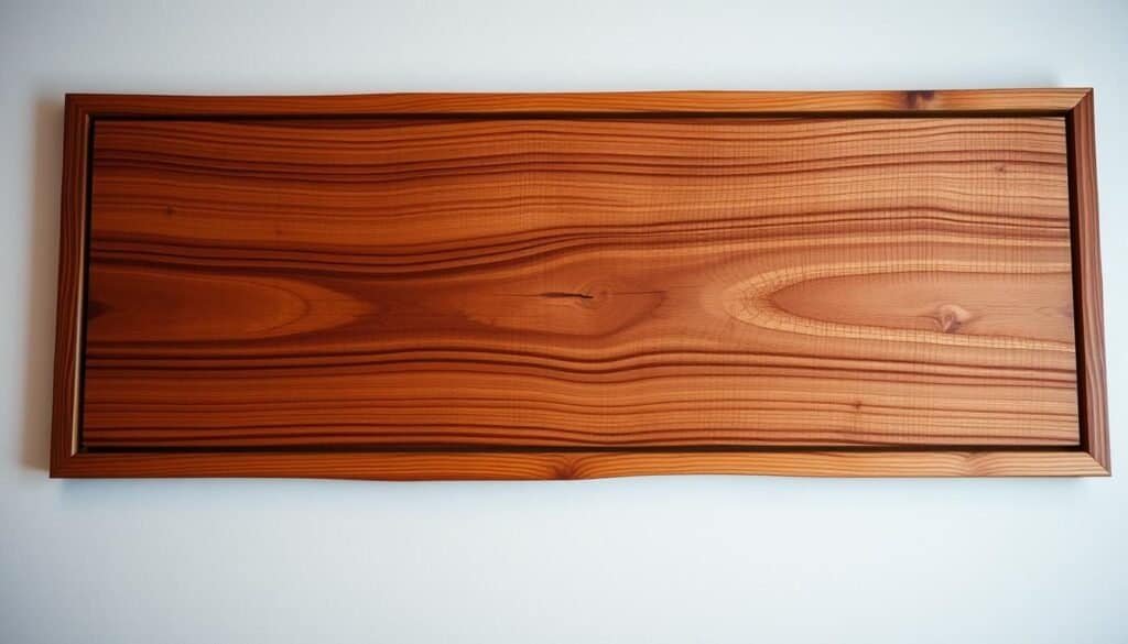 A rustic, handcrafted wooden wall art piece, featuring a simple, geometric pattern carved into the wood grain. The natural warmth of the wood is accentuated by soft, diffused lighting, creating a cozy, inviting atmosphere. The artwork is displayed on a white wall, allowing the intricate details and textures to take center stage. The composition is balanced, with the wooden frame echoing the angular design of the carved pattern. The overall effect is a harmonious blend of modern and traditional elements, perfect for elevating a space with a touch of understated elegance.