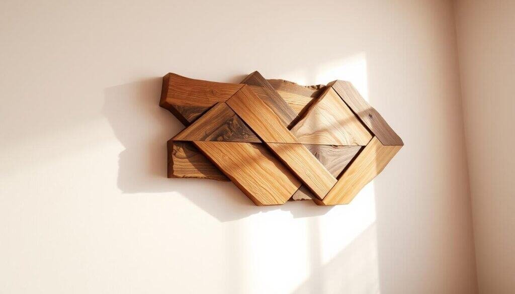 A rustic, handcrafted wooden wall art piece, featuring an intricate geometric design with clean lines and a natural, weathered finish. The piece is artfully mounted on a plain white wall, casting subtle shadows that add depth and texture. Warm, directional lighting highlights the warm wood tones and accentuates the unique grain patterns. The overall aesthetic is one of simple, understated elegance, complementing a modern, minimalist interior design. The image conveys a sense of craftsmanship, creativity, and a touch of rustic charm.