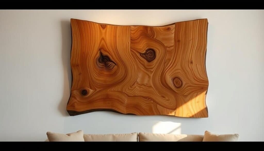 A rustic, handcrafted wooden wall décor piece featuring a beautifully grained and textured surface. Warm lighting illuminates the intricate carvings and natural knots, casting gentle shadows that add depth and dimension. The piece is displayed in a minimalist, modern interior, complementing the clean-lined furnishings and neutral color palette. The overall atmosphere evokes a sense of craftsmanship, warmth, and pride in one's personal DIY creation.