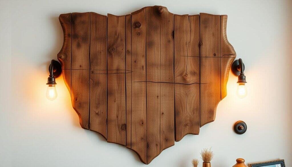 A rustic, handcrafted wooden wall hanging with intricate carved patterns and a weathered, natural finish. Warm, soft lighting from sconces casts a golden glow, accentuating the grain and texture of the wood. The artwork is displayed against a backdrop of white walls, creating a cozy, inviting ambiance that complements the rustic aesthetic. The composition is balanced, with the wooden piece as the focal point, surrounded by minimal yet carefully curated décor elements. The overall mood is one of warmth, craftsmanship, and a touch of rustic charm that seamlessly integrates into the surrounding living space.