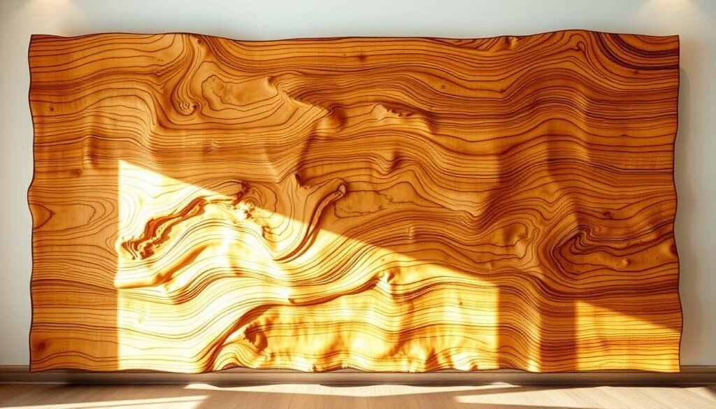 A rustic, handcrafted wooden wall panel with an undulating, organic surface texture. The wood grain patterns intertwine in a mesmerizing, fluid motion, creating a captivating and tactile visual experience. Warm, natural lighting accentuates the depth and contours of the wavy surface, casting gentle shadows that add depth and dimension. The piece is displayed in a minimalist, well-lit interior setting, allowing the wood's natural beauty to be the focal point. The overall mood is one of tranquility, craftsmanship, and the elegant simplicity of a handmade home accent.