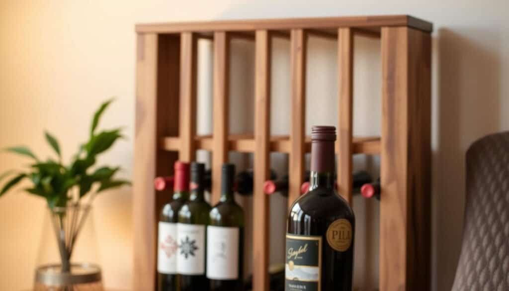 A rustic, handcrafted wooden wine rack stands prominently in a cozy, well-lit room. The rack features a clean, minimalist design with sleek vertical dividers and a warm, natural wood grain finish. Soft, ambient lighting casts a gentle glow, accentuating the texture and depth of the wood. In the foreground, a selection of wine bottles, each with a unique label, is neatly arranged, ready to be displayed and accessed. The background showcases a neutral-toned wall, allowing the wine rack to take center stage as a stylish, functional home accent.