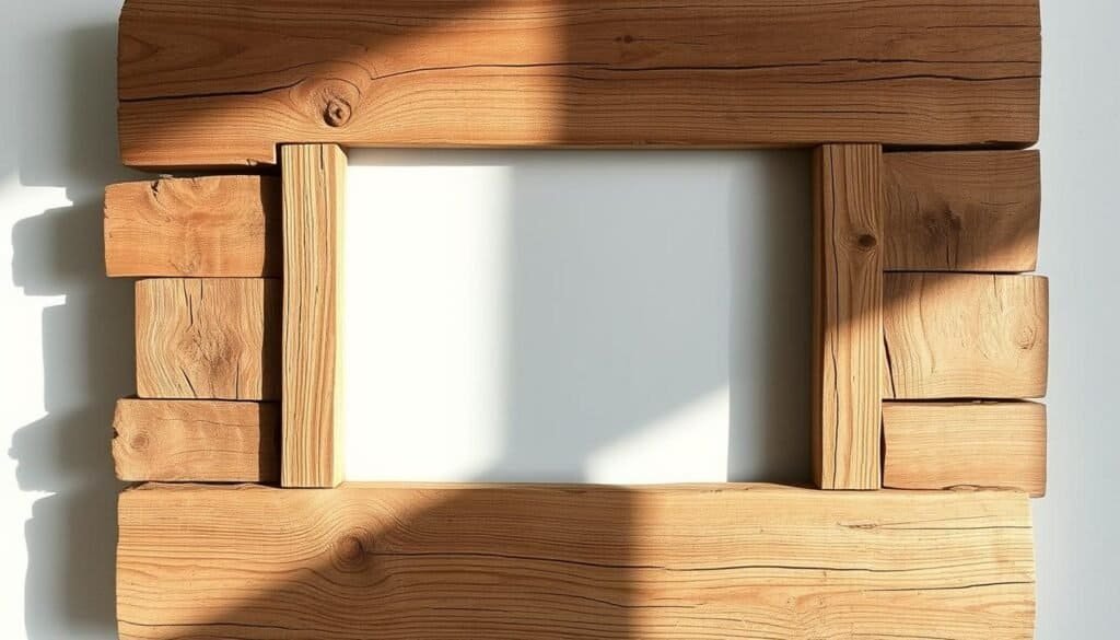 A rustic, handmade DIY photo frame crafted from reclaimed wood planks. Weathered and distressed natural wood in varying shades of brown, with visible knots, cracks, and imperfections. The frame is arranged in an artistic, asymmetrical layout, with some planks overlapping and protruding at different angles. Soft, natural lighting illuminates the textured wood, casting gentle shadows that accentuate the frame's organic charm. The overall composition evokes a sense of artisanal craftsmanship and a cozy, homespun aesthetic, perfectly suited for displaying cherished memories in a unique, one-of-a-kind rustic frame.
