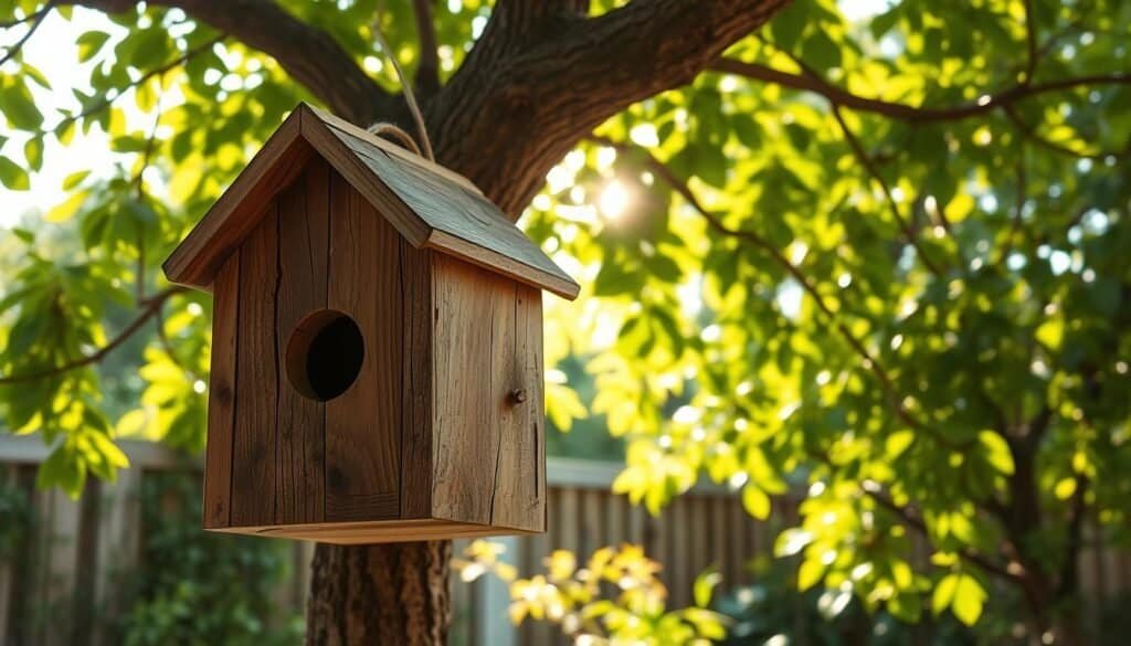 A rustic, handmade birdhouse crafted from reclaimed scrap wood, weathered and textured, hanging from a sturdy tree branch in a lush, verdant backyard. Sunlight filters through the leaves, casting a warm, golden glow on the birdhouse's distressed, natural finish. The birdhouse's simple, organic shape and earthy tones complement the surrounding foliage, creating a charming, nature-inspired scene. Attention to detail showcases the craftsmanship, with visible knots, grains, and imperfections adding to the handmade character. The birdhouse's rustic appeal blends seamlessly with the patio's relaxed, DIY aesthetic.