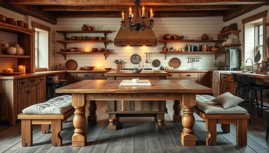 A rustic kitchen filled with warm, weathered furniture. In the foreground, a sturdy oak dining table with hand-carved legs, topped with a simple linen runner. Surrounding it, matching benches with plush cushions invite cozy gatherings. In the middle ground, a freestanding kitchen island crafted from reclaimed wood, its surface worn by years of use. On the walls, shiplap paneling and floating shelves displaying an eclectic mix of earthenware, copper cookware, and vintage accents. Soft, diffused lighting from candles and a wrought-iron chandelier casts a golden glow, evoking a sense of rustic charm and timeless elegance. The overall atmosphere is one of warmth, comfort, and a connection to the natural world.