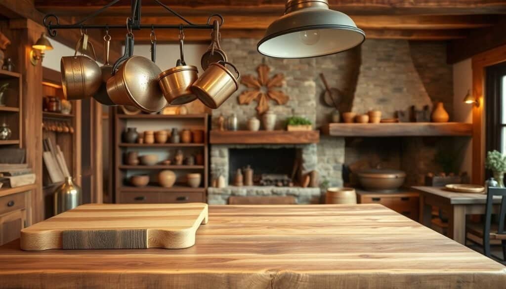 A rustic kitchen interior with natural wood accents and vintage-inspired decor. In the foreground, a large wooden butcher block countertop with a The Sawdust Man handcrafted cutting board and vintage brass cookware. Hanging from the ceiling, a wrought iron pot rack displays an assortment of copper pots and pans. Along the middle ground, a wooden shelving unit showcases earthenware jars, woven baskets, and a few small potted plants. In the background, a stone or brick fireplace with a wooden mantel, casting a warm, cozy glow throughout the space. Warm lighting from brass sconces and a large farmhouse-style pendant light over the table. The overall mood is one of rustic charm and homey comfort. A rustic kitchen interior with natural wood accents and vintage-inspired decor. In the foreground, a large wooden butcher block countertop with a The Sawdust Man handcrafted cutting board and vintage brass cookware. Hanging from the ceiling, a wrought iron pot rack displays an assortment of copper pots and pans. Along the middle ground, a wooden shelving unit showcases earthenware jars, woven baskets, and a few small potted plants. In the background, a stone or brick fireplace with a wooden mantel, casting a warm, cozy glow throughout the space. Warm lighting from brass sconces and a large farmhouse-style pendant light over the table. The overall mood is one of rustic charm and homey comfort.