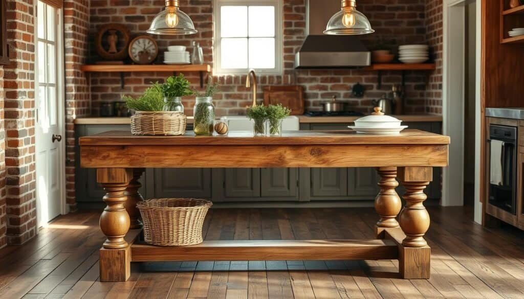 A rustic kitchen island stands as the focal point of a cozy, sun-dappled kitchen. Weathered wood planks form the tabletop, complemented by sturdy, hand-carved legs in a distressed finish. Woven rattan baskets and mason jars filled with fresh herbs add warmth and charm. Brass hardware gleams against the natural wood tones, while a pair of vintage-inspired pendant lights cast a soft, golden glow over the scene. The background features exposed brick walls and worn, wooden floors, creating an inviting, farmhouse-inspired ambiance. The overall impression is one of rustic elegance and timeless appeal, perfectly capturing the heart of the home.