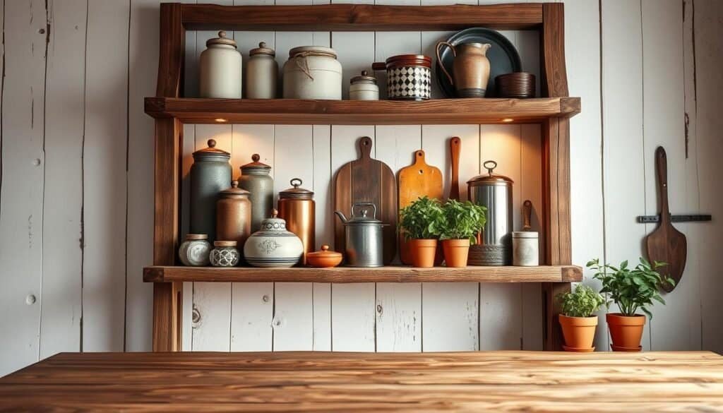 A rustic kitchen shelf design featuring a sturdy, handcrafted wooden frame showcasing an assortment of vintage kitchen items. The shelf is positioned against a weathered, whitewashed wall, bathed in warm, soft lighting that creates a cozy, inviting atmosphere. The middle ground features various decorative elements such as ceramic jars, copper cookware, and fresh herbs in terracotta pots, artfully arranged to convey a sense of effortless, country-inspired charm. The foreground highlights the intricate woodgrain and distressed finish of the shelf, emphasizing the natural beauty of the materials. The overall composition exudes a sense of timeless, farmhouse-inspired elegance, perfectly suited to complement the "Planning Your Shelf: Design Considerations" section of the article.