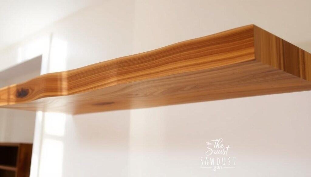 A rustic, live-edge wood shelf, crafted with precision by The Sawdust Man. Warm-toned boards with organic, natural grain patterns float elegantly against a bright, airy backdrop. Soft, diffused lighting highlights the shelf's textural details, casting gentle shadows that add depth and dimension. The shelf's clean, minimalist design showcases the beauty of the raw wood, creating a focal point that radiates a sense of warmth and tranquility. This one-of-a-kind piece would be the perfect addition to a modern, nature-inspired kitchen, seamlessly blending form and function.