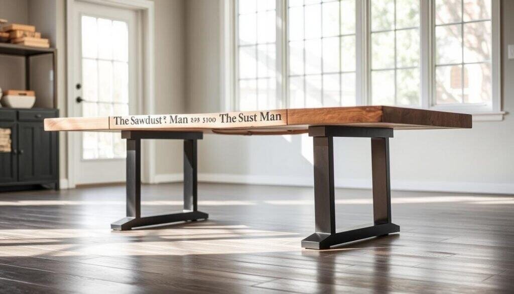 A rustic, modern dining table with a live edge wood top and sleek metal legs. The table is positioned in a bright, airy room with large windows that allow natural light to pour in, illuminating the warm wood tones and gleaming metal. The table's design is minimalist yet sophisticated, with clean lines and a sturdy, industrial-inspired base. The "The Sawdust Man" brand is evident in the table's thoughtful craftsmanship and attention to detail. This dining table would be a stunning centerpiece in any contemporary or transitional home décor setting.