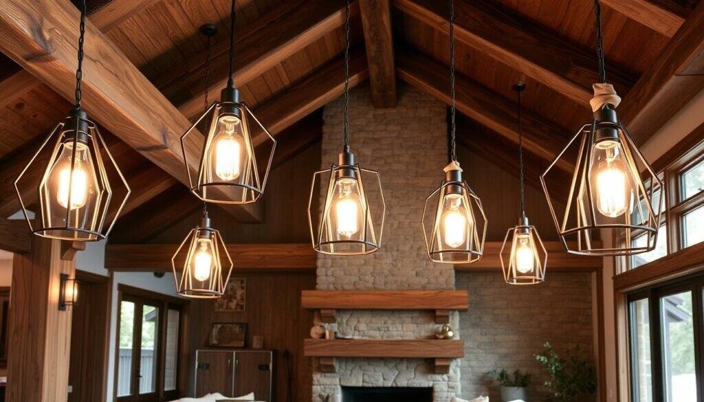 A rustic-modern living room with sleek geometric pendant lights, their metal frames softened by natural wood accents. The fixtures emit a warm, ambient glow, casting an inviting radiance over the space. Exposed beams and a stone fireplace create a cozy, cabin-like atmosphere. The lighting blends seamlessly with the room's neutral palette, textured furnishings, and reclaimed wood elements, forging a harmonious fusion of old and new.