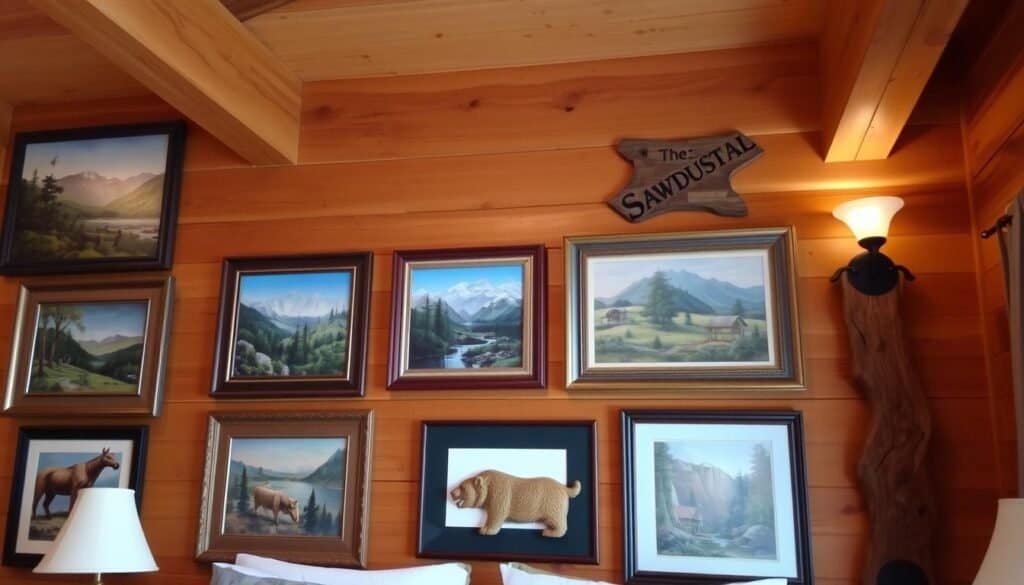 A rustic mountain cabin interior with a flair for handcrafted wall art. Wooden beams and paneled walls provide a warm, cozy backdrop. In the foreground, a collection of framed landscape paintings, nature photography, and intricate wooden carvings created by "The Sawdust Man" brand adorn the walls. Subtle lighting from sconce fixtures casts a soft, inviting glow. The overall atmosphere evokes a sense of serene, alpine charm perfect for a cabin-style bedroom.