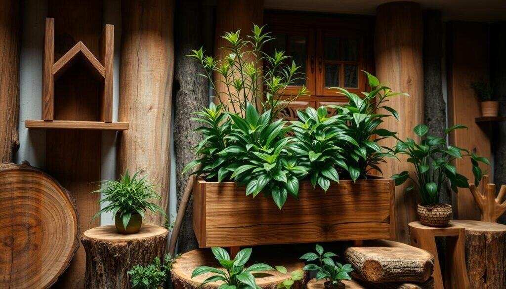 A rustic, natural-looking arrangement of wooden accents showcasing thriving potted plants. The centerpiece is a sturdy, hand-crafted wooden planter box filled with lush greenery. Surrounding it are various wooden items like a wall-mounted shelf, a small side table, and a few decorative logs or branches. The lighting is warm and softly diffused, creating a cozy, inviting atmosphere. The camera angle is slightly elevated, capturing the scene in a balanced, symmetrical composition that highlights the interplay of natural textures and verdant foliage. The overall mood is one of tranquility and a connection to the great outdoors, even in an indoor setting.