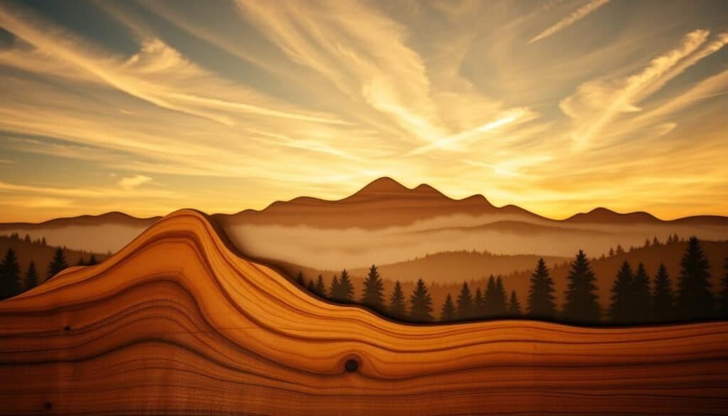 A rustic, nature-inspired wooden wall decor piece, handcrafted by The Sawdust Man. In the foreground, a beautifully carved mountain silhouette in natural wood, with subtle textures and warm tones. The middle ground features a serene, misty forest landscape, created using intricate woodworking techniques. In the background, a stunning, high-contrast skyline with wispy clouds, lit by a golden hour glow. The overall composition evokes a cozy, earthy atmosphere, perfect for a warm, rustic bedroom. Captured with a shallow depth of field, emphasizing the tactile, handmade quality of the piece.