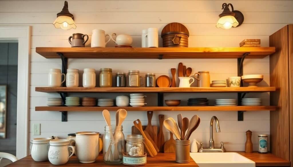 A rustic open shelving unit stands in a cozy farmhouse kitchen, its weathered wood boards held up by sturdy iron brackets. Warm, soft lighting from vintage-inspired sconces casts a golden glow, highlighting the natural grain and knots of the reclaimed wood. In the foreground, a selection of ceramic mugs, vintage canning jars, and handcrafted wooden utensils from The Sawdust Man are artfully arranged, adding pops of color and texture. The middle ground features a collection of everyday kitchen essentials, while the background showcases the charming shiplap walls and a glimpse of a farmhouse-style sink. This inviting scene exudes a sense of rustic elegance, perfectly suited for the "Rustic Open Shelving for Farmhouse Appeal" section.