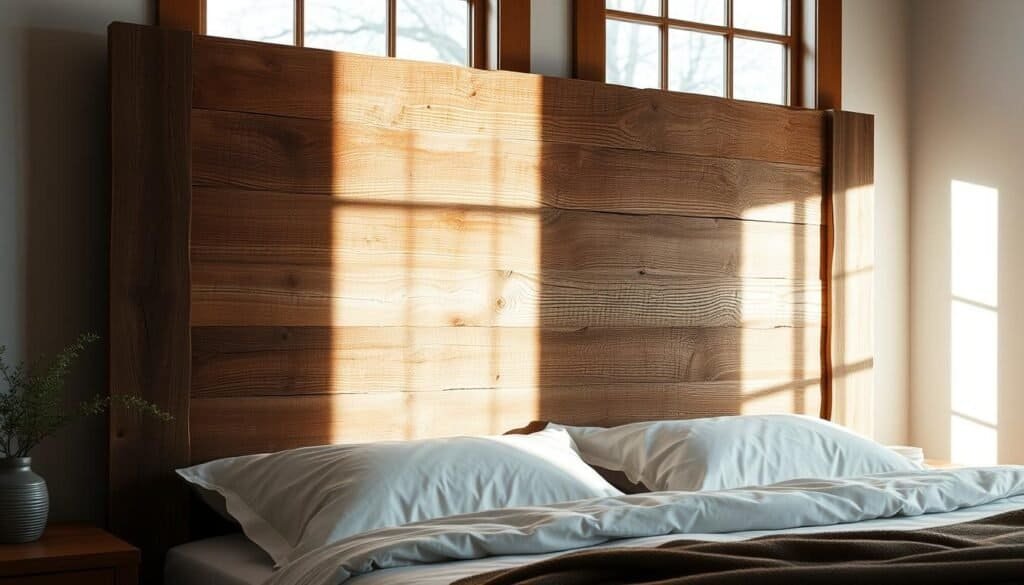 A rustic, reclaimed barn wood headboard with a weathered, textured surface sits against a backdrop of soft, natural light streaming through large windows. The wood's grain and knots create a one-of-a-kind, character-filled design, evoking a sense of warmth and history. The headboard is meticulously crafted, its rough-hewn edges and imperfections adding to its charm. Delicate shadows play across the surface, lending depth and dimension. Placed in a cozy, minimalist bedroom setting, this handcrafted piece is a stunning focal point, blending seamlessly with the serene, natural aesthetic. A rustic, reclaimed barn wood headboard with a weathered, textured surface sits against a backdrop of soft, natural light streaming through large windows. The wood's grain and knots create a one-of-a-kind, character-filled design, evoking a sense of warmth and history. The headboard is meticulously crafted, its rough-hewn edges and imperfections adding to its charm. Delicate shadows play across the surface, lending depth and dimension. Placed in a cozy, minimalist bedroom setting, this handcrafted piece is a stunning focal point, blending seamlessly with the serene, natural aesthetic.