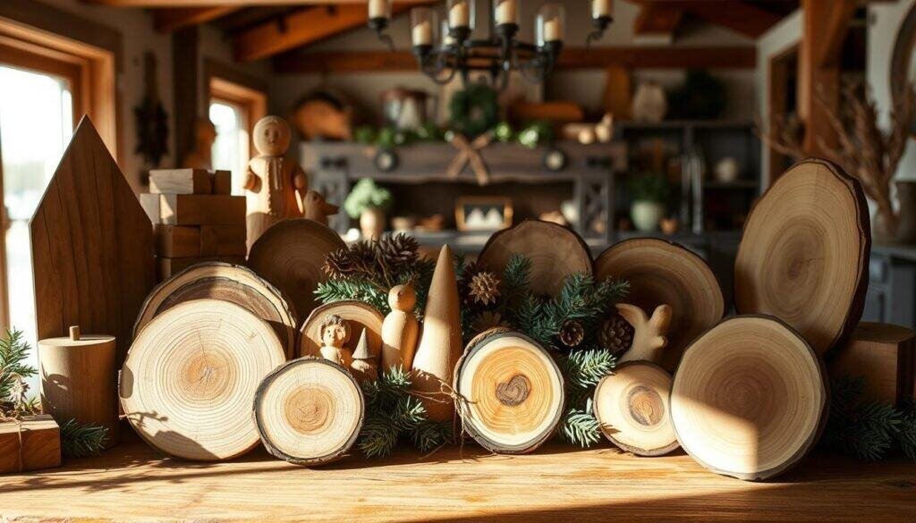 A rustic, seasonal arrangement of handcrafted wooden decorations, curated by "The Sawdust Man". In the foreground, various shapes and textures of wooden pieces - from geometric forms to organic silhouettes - are arranged in an artful composition, casting warm, natural shadows. The middle ground features a mix of wooden trinkets, such as carved figurines and stained slices, complemented by sprigs of evergreen and dried flora. In the background, a cozy, softly lit interior setting, with hints of exposed wood beams and natural materials, creates a welcoming, homey atmosphere. The overall scene exudes a sense of craftsmanship, coziness, and the charm of seasonal decor.